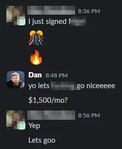 Screenshot of a LinkedIn conversation leading to a $1,500 per month client