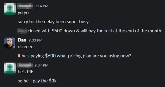Screenshot showing $600 down on a $3,000 paid-in-full offer